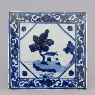 A Chinese blue, white and gilt porcelain landscape tile, 19th C.