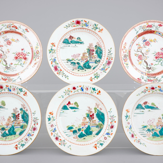 A pair of Yongzheng floral famille rose plates and a set of 4 Qianlong landscape plates, 18th C.