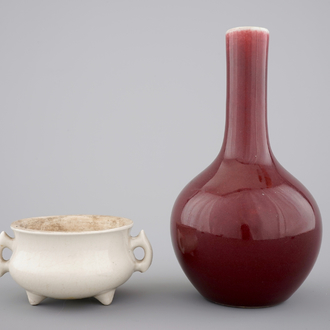 A Chinese sang de boeuf vase, 18/19th C. and a blanc de Chine censer, 18th C.