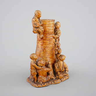 A Japanese pottery vase with children by a bamboo tree, probably Kyoto school, 19th C.