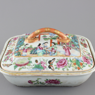A refined rounded rectangular Canton famille rose tureen and cover, ca. 1860