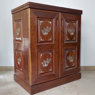 A heavy rosewood liquor cabinet inlaid with mother of pearl, probably Thai, 20th C.