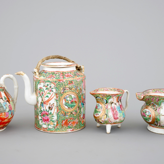 A Chinese Canton rose medallion teapot and three jugs, 19th C.