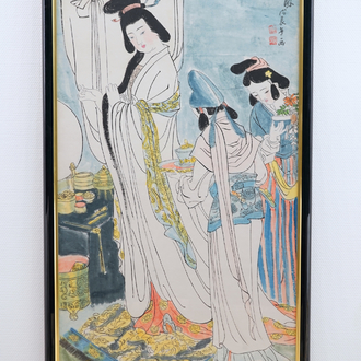 A large Chinese watercolor of a beauty with her servants, 20th C.