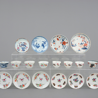 A collection of Chinese famille rose porcelain cups and saucers, 18th C.