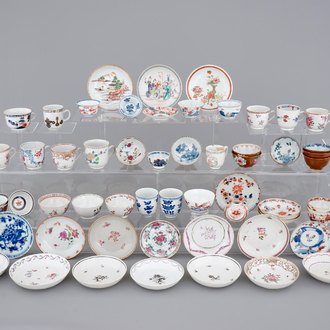 A big lot of Chinese cups and saucers, famille rose and blue & white, Kangxi and later (68 pcs. total)