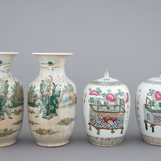 A pair of Chinese crackle glaze vases and two famille rose jars, 19/20th C.