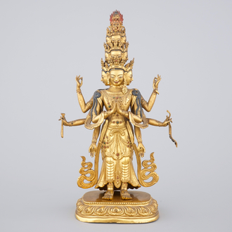 A fine Sino-Tibetan gilt bronze figure of Avalokitesvara, 17-18th C.