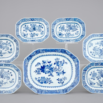 Seven blue and white Chinese porcelain octagonal dishes, 18th C.