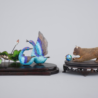 Two Chinese enameled silver groups, ca. 1940, a cat and two geese