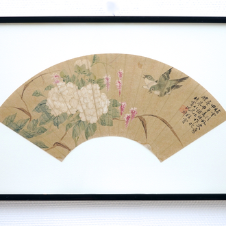 Two framed Chinese fan paintings, signed