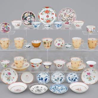A big lot of Chinese cups and saucers, cafe au lait, famille rose, Kangxi and later (46 pcs. total)