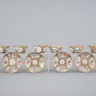 A set of 6 large lobed Chinese Canton rose medallion armorial cups and saucers, 19th C.