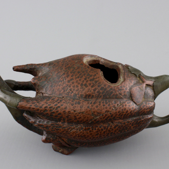 A Chinese Yixing pewter-mounted buddha's hand shaped teapot, 18/19th C.