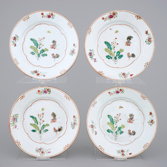 Four good Chinese famille rose plates with cocks, 18th C.
