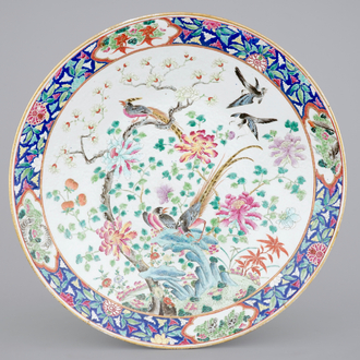 A massive Chinese Canton porcelain famille rose dish with birds, 19th C.