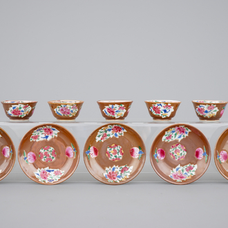 A set of five Chinese famille rose and batavia brown cups and saucers, 18th C.