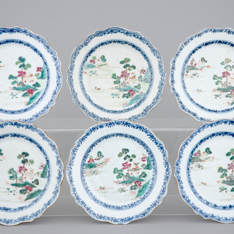A set of six Chinese lobed famille rose landscape plates, Qianlong, 18th C.