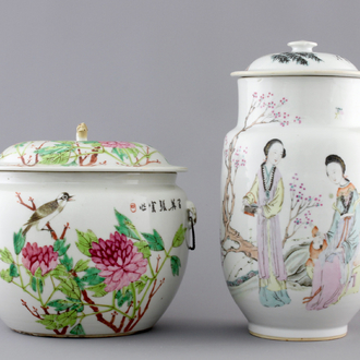 A Chinese porcelain famille rose jar w. cover and a bowl w. cover, 19/20th C.