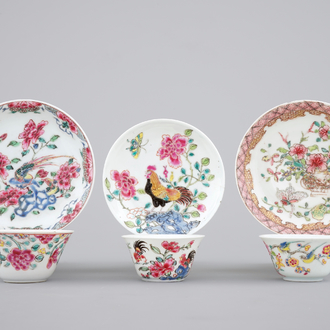 Three Chinese porcelain famille rose cups and saucers, Yongzheng-Qianlong, 18th C.