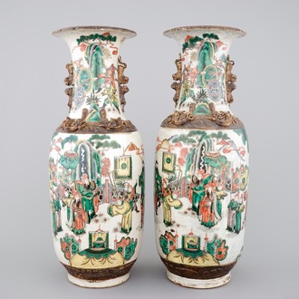 A tall pair of Chinese famille verte crackle glaze vases, Nanking, 19th C.