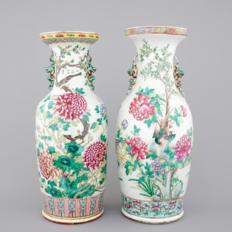 Two fine tall Chinese famille rose vases with birds, 19th C.