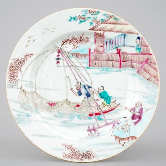 A fine and rare Chinese famille rose porcelain "Fishing" plate, Yongzheng, 1722-1735