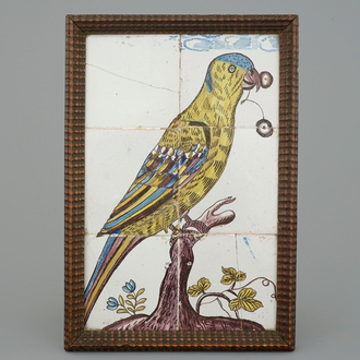 A polychrome tile plaque or panel with a parrot, Lille, 18th C.