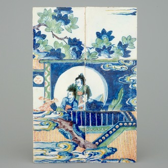 A rare Dutch Delft chinoiserie tile panel, 17/18th C.