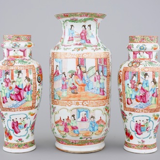 A large group of Canton rose medallion, 3 vases and 3 bowls, 19th C.