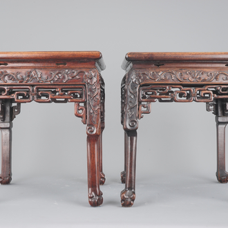 Two Chinese carved hongmu wood marble top vase stands, 19th C.