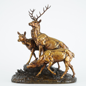Jules-Edmond Masson (1871-1932), Cerf et deux biches sur un rocher, groupe en bronze