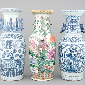 3 tall Chinese famille rose and blue & white vases, 19th C.
