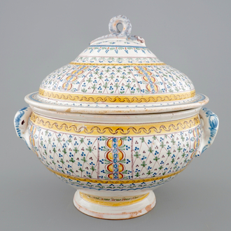 A large polychrome pottery tureen and cover, North of France, 18th C.