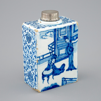 A fine blue and white Dutch Delft chinoiserie tea caddy, Kangxi style, ca. 1700
