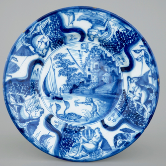 A blue and white Dutch Delft dish 'the duck hunt', late 17th C