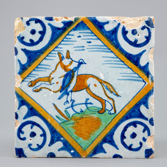 A diamond tile with a fox carrying a bird, 1600-1620