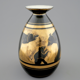 A Charles Catteau gilt on black vase with bears for Boch Kéramis, 1st half 20th C.
