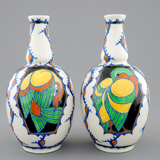 A pair of Charles Catteau vases with parrots for Boch Kéramis, 1st half 20th C.