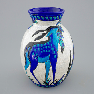 A Charles Catteau crackle glazed vase with deers for Boch Kéramis, 1st half 20th C.