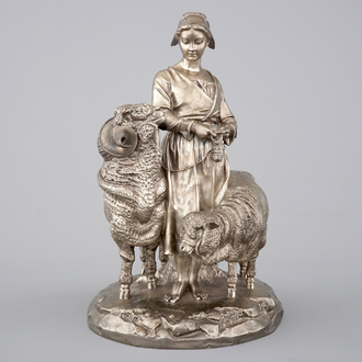 A Christofle et Cie. silver-plated bronze group of a girl with a sheep and a ram, 19th C.