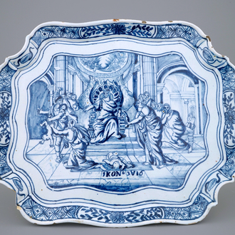 A blue and white Dutch Delft tray with "Salomo's Judgement", 18th C.