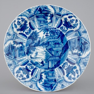 A large blue and white Dutch Delft chinoiserie dish, ca. 1700