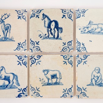 A set of six blue and white Dutch Delft tiles with animals, 17th C.