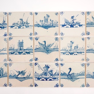 Een set van 15 blauw-witte Delftse tegels, 18e eeuw