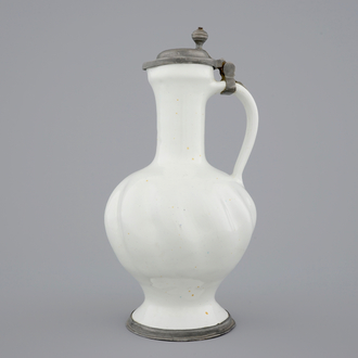 A white Dutch Delft pewter-mounted gadrooned jug, 18th C.