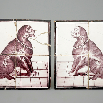 A pair of Dutch Delft manganese tile pictures with dogs, early 19th C.