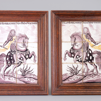 Une paire de panneaux de carreaux au décor du Prince d'Orange Guillaume sur cheval, 18ème
