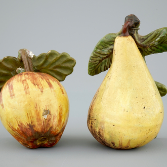 A polychrome Dutch Delft apple and a pear, 18th C.