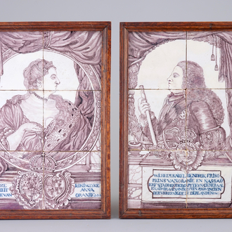 A pair of Dutch Delft tile panels depicting William IV & Anne Orange, 18th C.